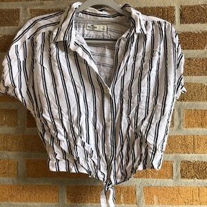 striped collared button up tie front shirt